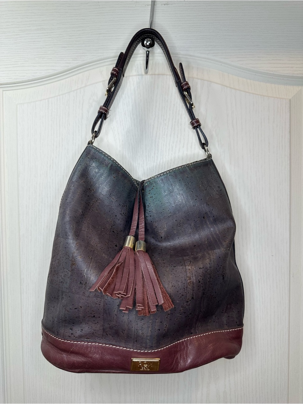 Slouchy HoboTwo-Tone Cork & Leather Shoulder Bag with Tassel Accent